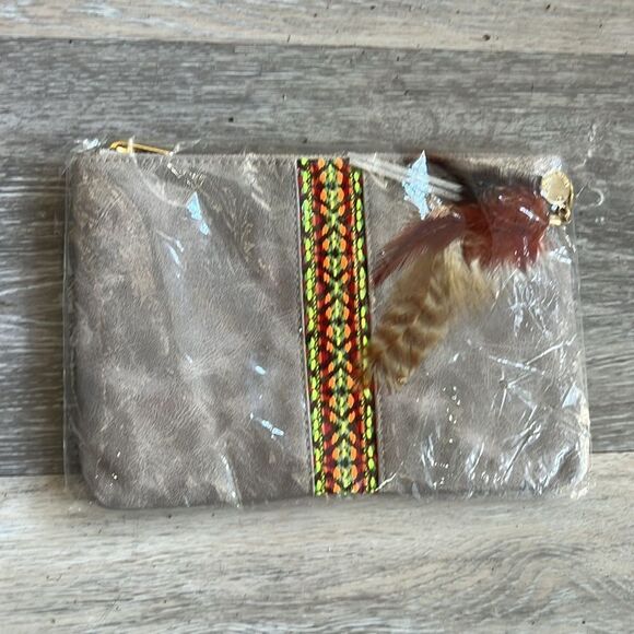Anthropologie Handbags - Kim and Zozi Hip Clutch Gray Neon Band & Feathers